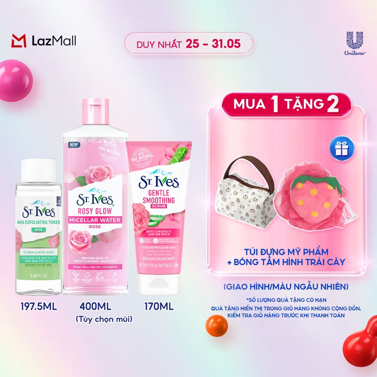 Combo chăm sóc da mặt St.ives gồm: Tẩy trang 400ml và Toner 197.5ml và Sữa rửa mặt tẩy tế bào chết 170g