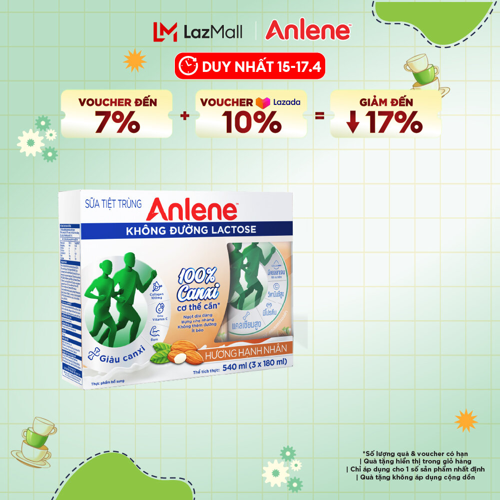 Lốc 3 hộp sữa Anlene không đường Lactose vị hạnh nhân 180ml