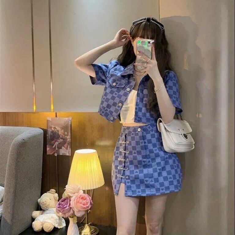 (SHOP BIGSIZE nữ 50kg đến 90kg) set áo túi nắp caro và chân váy