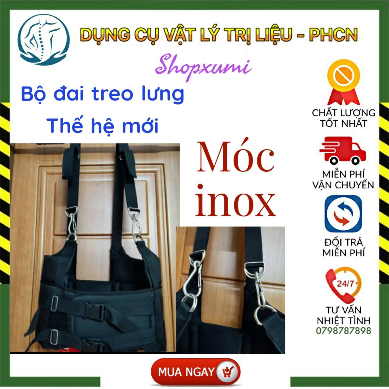 Đai kéo dãn cột sống lưng- đai kéo giãn cột sống- cố đệm nách dày êm khi treo- có móc khóa bằng inox. cải thiện thoát vị đĩa đêm, thoái hóa cột sống