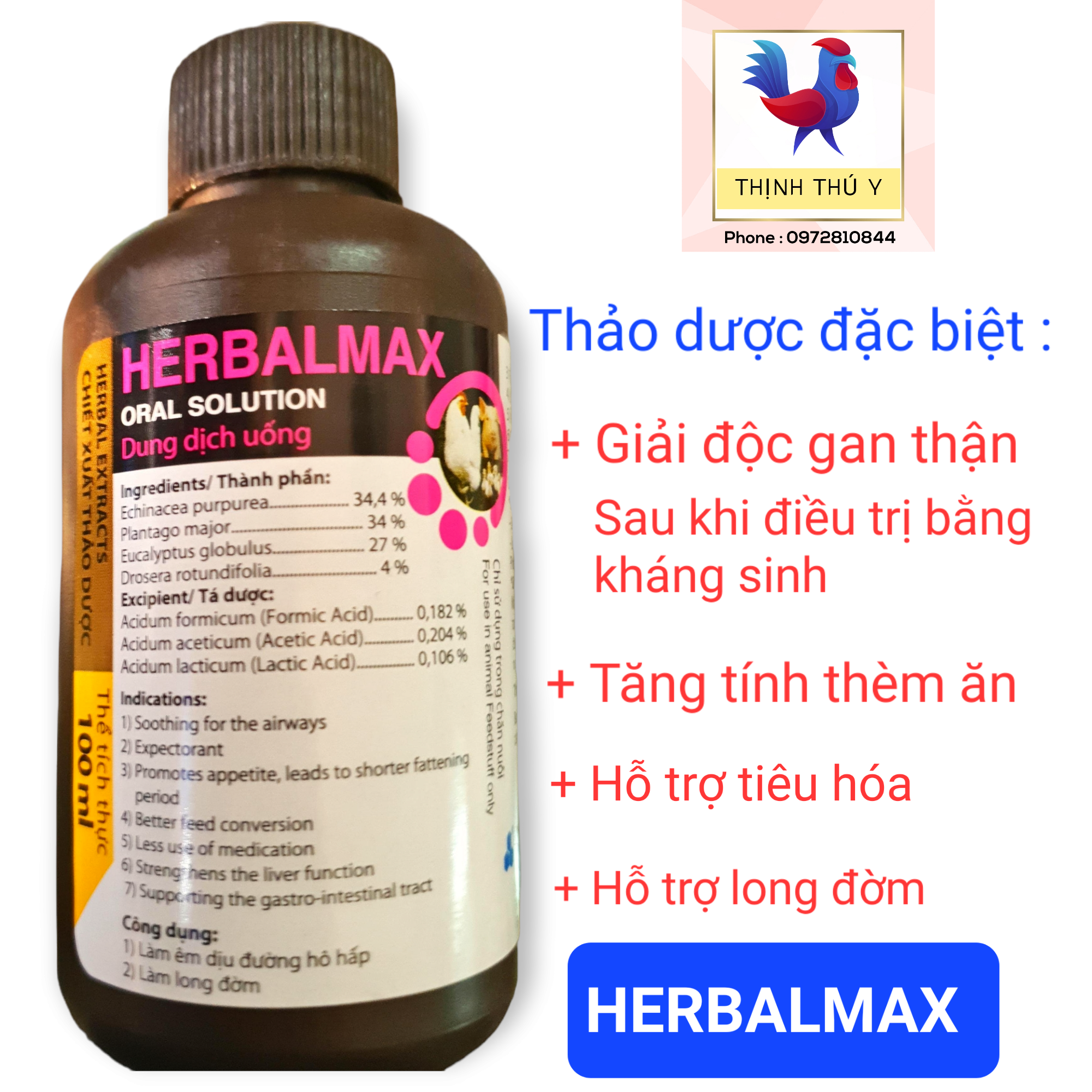 YSP HERBALMAX (100ml) - Giải độc gan thận sau điều tr.i kí sinh trùng máu, hỗ trợ tiêu hóa, tăng tính thèm ăn, long đờm cho gà đá