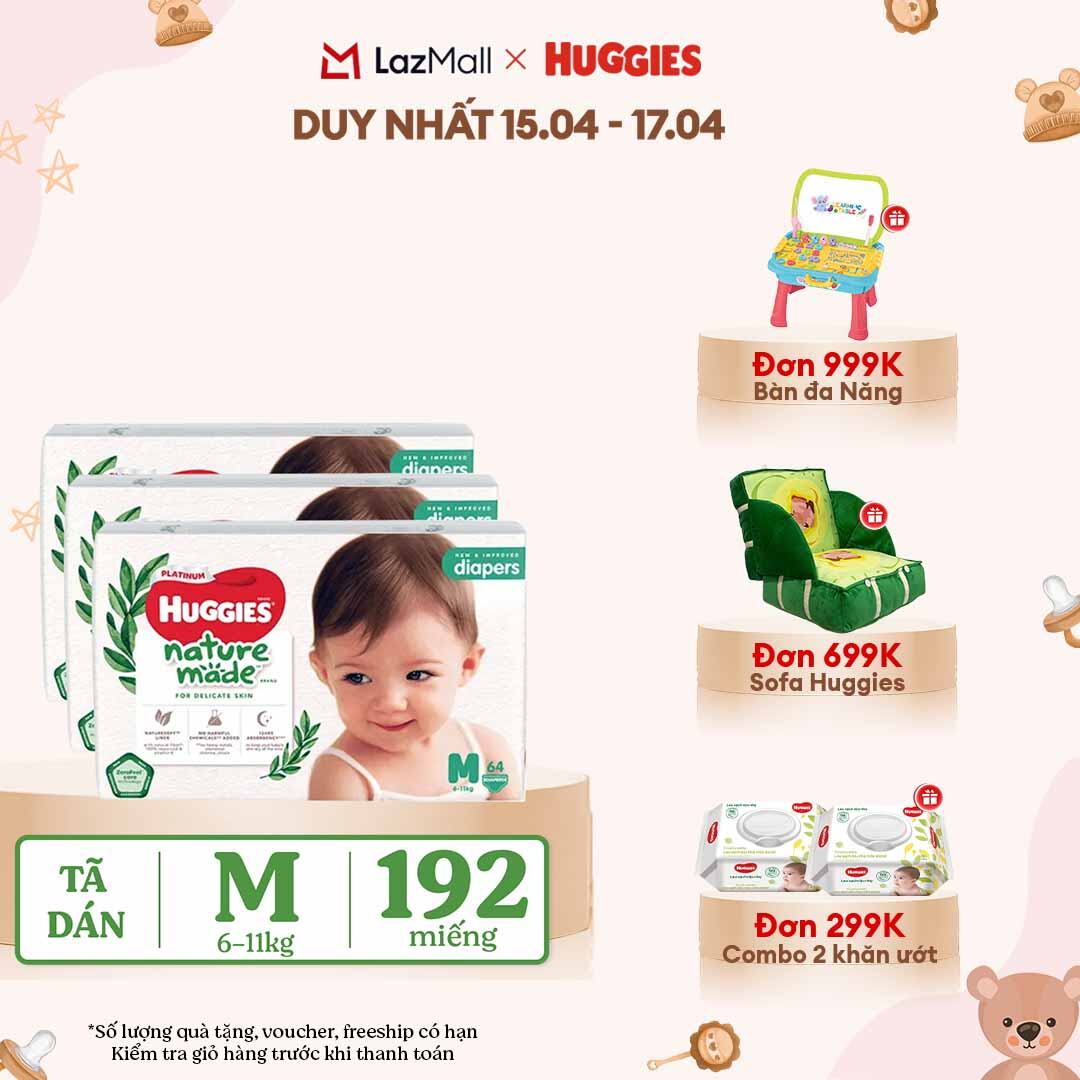 [CHỈ 18-24.04 QUÀ TẶNG ĐƠN 399K](Mua 1 tặng 1) Combo 3 Tã/Bỉm dán HUGGIES PLATINUM NatureMade M64 (6-11kg)-Gói Jumbo 64 miếng