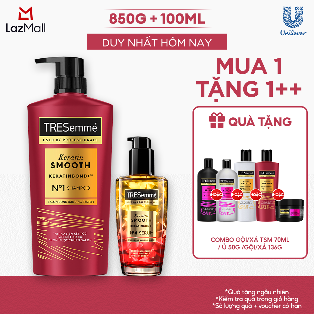 Combo Dầu Gội, Serum Dưỡng Tóc TRESemmé Keratin Smooth Keratinbond+ 850g, 100ml Cho Tóc Khô Xơ Rối Vào Nếp Suôn Mượt