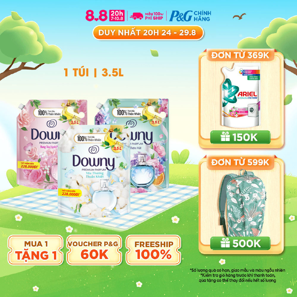 Nước Xả Vải DOWNY 3.5L Nhiều Mùi Hương Nước Hoa Làn Gió Mát/ Nắng Mai/ Dịu Nhẹ Kháng Khuẩn/ Bưng Toả Hạnh Phúc