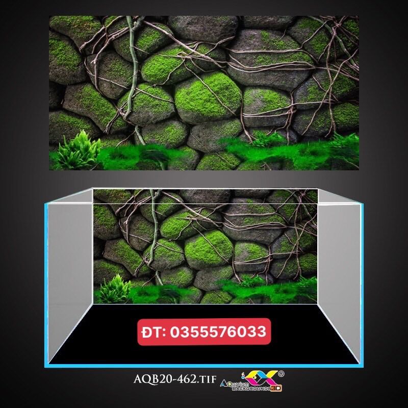 Tranh dán bể cá 3d - phông nền hồ cá - mẫu đá rêu , có keo sẵn trên bề mặt, in theo kích thước yêu cầu AQB20-462