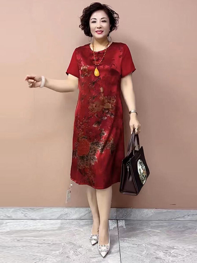 Lụa Dài Đầm Phong Cách Mới Mùa Hè Rộng Rãi Fit Midi Đầm Dành Cho Phụ Nữ Trung Niên Thanh Lịch Quần Á