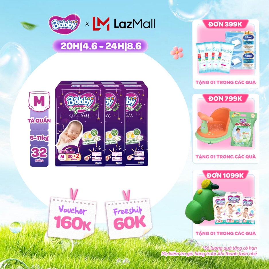 [QUÀ TẶNG HẤP DẪN TỪ 9-10.6][Combo 3] [MỚI RA MẮT] [Tặng kèm 2 miếng] Tã Quần Cao Cấp Ban Đêm Bobby Organic Sleep Well  - Size M30+2