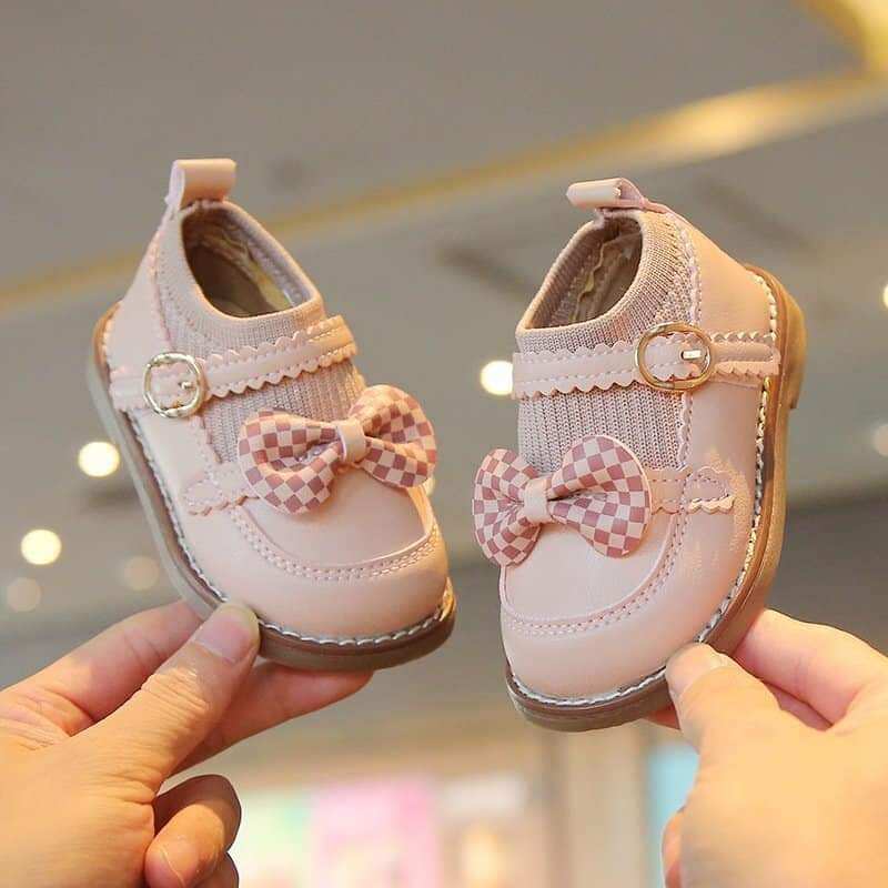 Giày búp bê bé gái nơ tim xinh xắn da pu, cổ chun siêu mềm phong cách