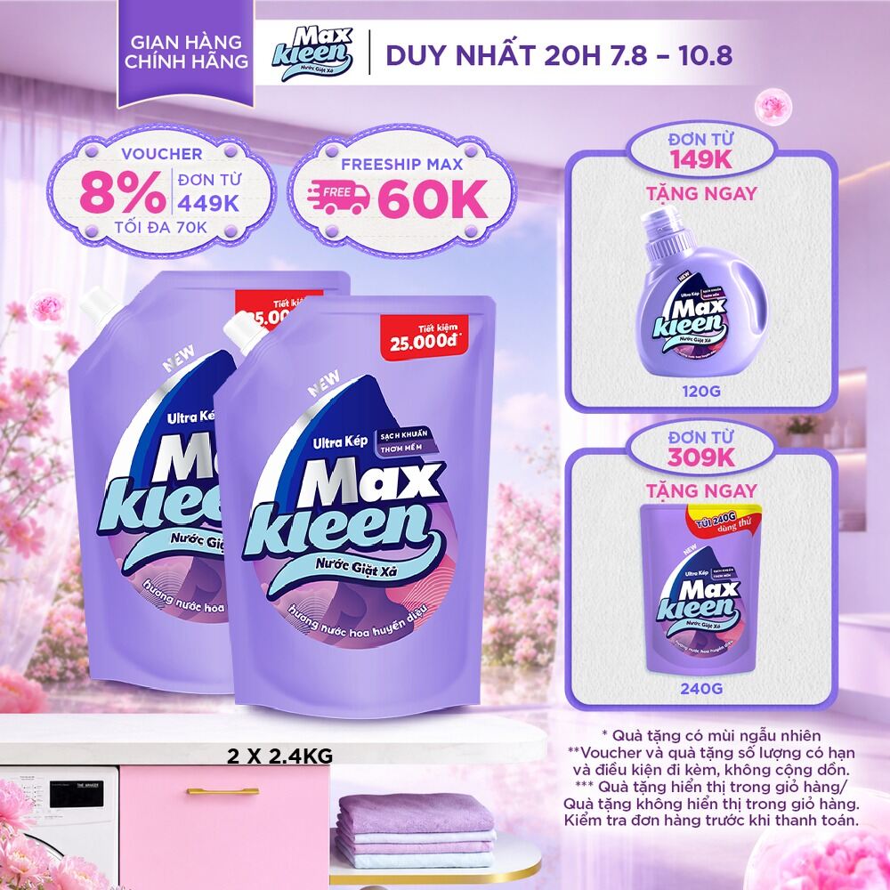Combo 2 Túi Nước Giặt Xả MaxKleen 2.4kg (Huyền Diệu/ Hoa Nắng/ Vườn Sớm Mai/ Cam Sả)