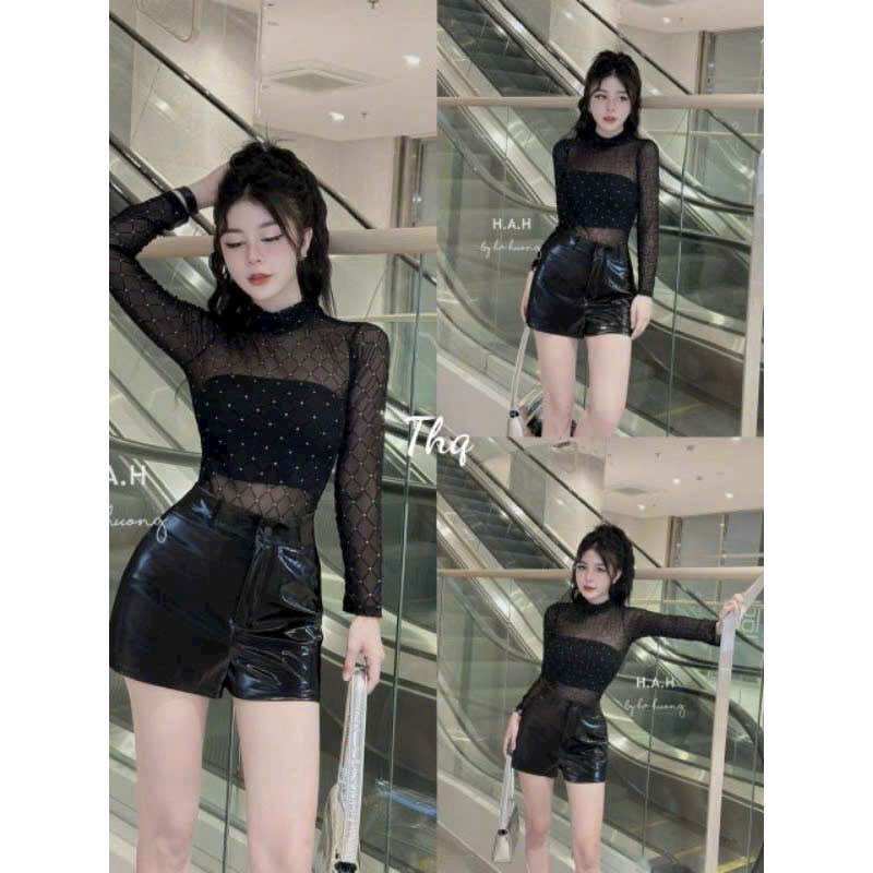 Áo Croptop Phối Lưới Đính Đá Tay Dài Cổ Tròn