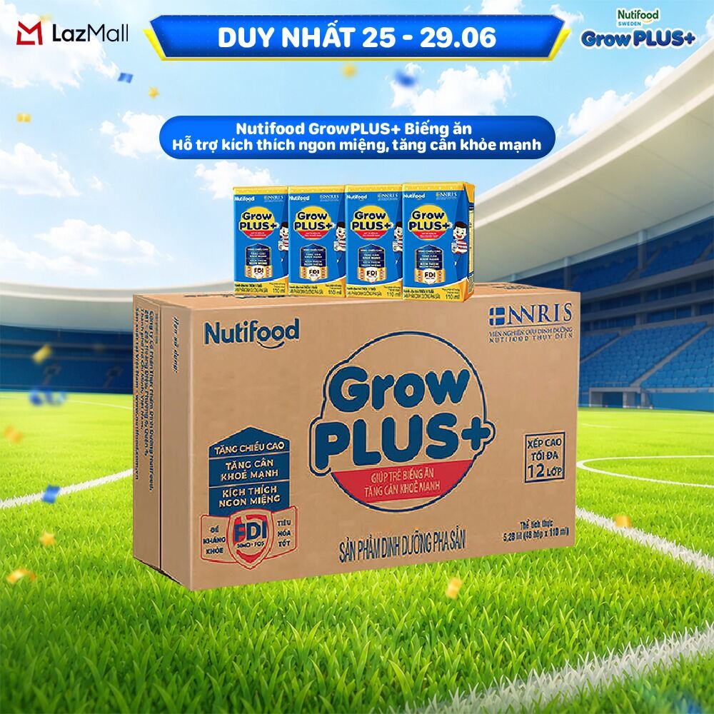 Thùng Sữa Bột Pha Sẵn Nutifood GrowPLUS+ Biếng Ăn 110ml - Hỗ Trợ Kích Thích Ngon Miệng, Tăng Cân Khỏe Mạnh - Trên 2 Tuổi (48 Hộp x 110ml)