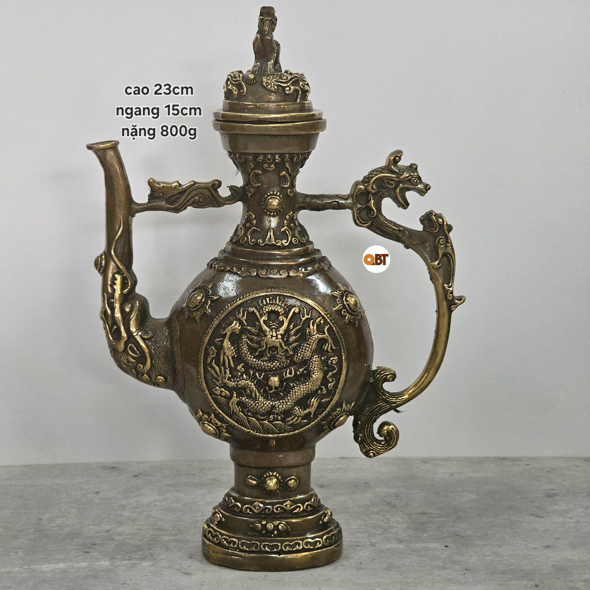 Bình trà tỳ bà rồng phun châu bằng đồng