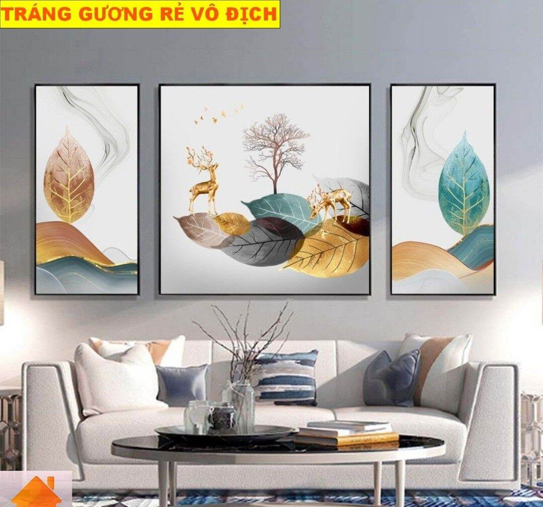Tranh phủ gương tuần lộc lá cây, dài 1,2m cao 60cm, Mốc Decor giảm giá kèm quà tặng, tranh treo tường rẻ đẹp