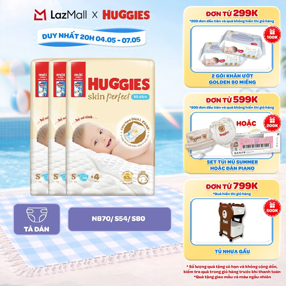 Thùng 3 gói Tã Dán Sơ Sinh Huggies Skin Perfect NB70/S54/S80 Với 2 Vùng Thấm Giảm Kích Ứng Da