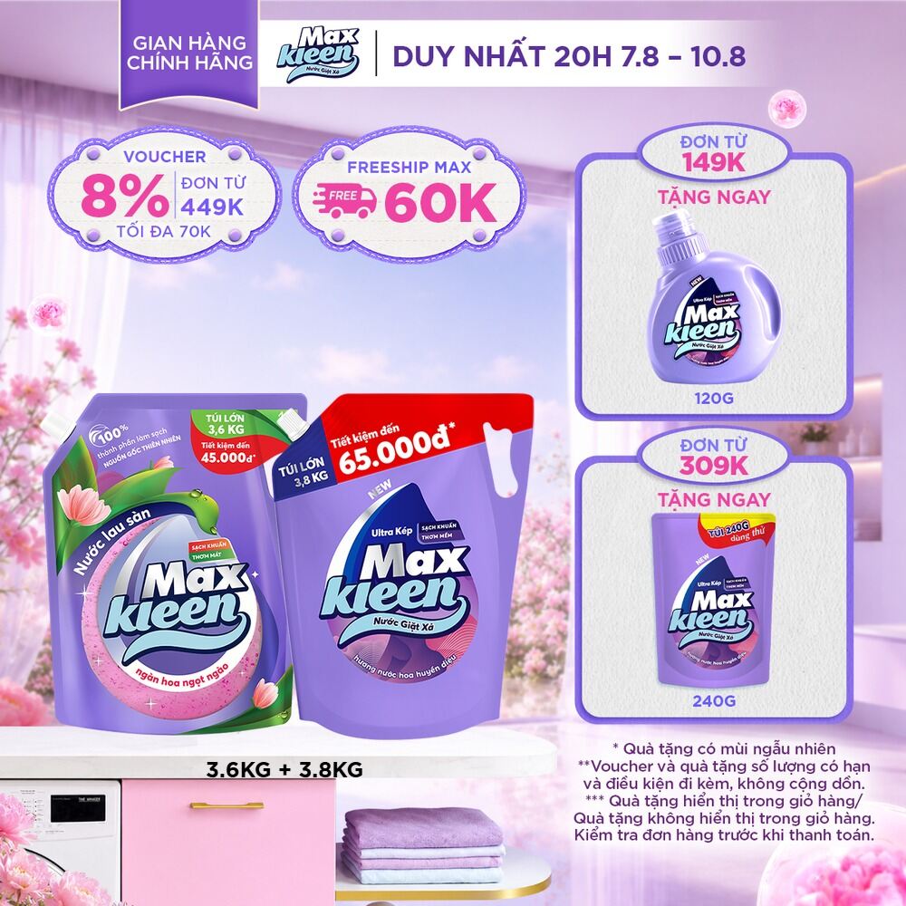 Combo Túi Nước Lau Sàn MaxKleen 3.6kg Ngàn hoa ngọt ngào + Túi Nước Giặt Xả MaxKleen 3.6kg/3.8kg (Hoa Nắng/Huyền Diêu/Vườn Sớm Mai/Thiên Nhiên)
