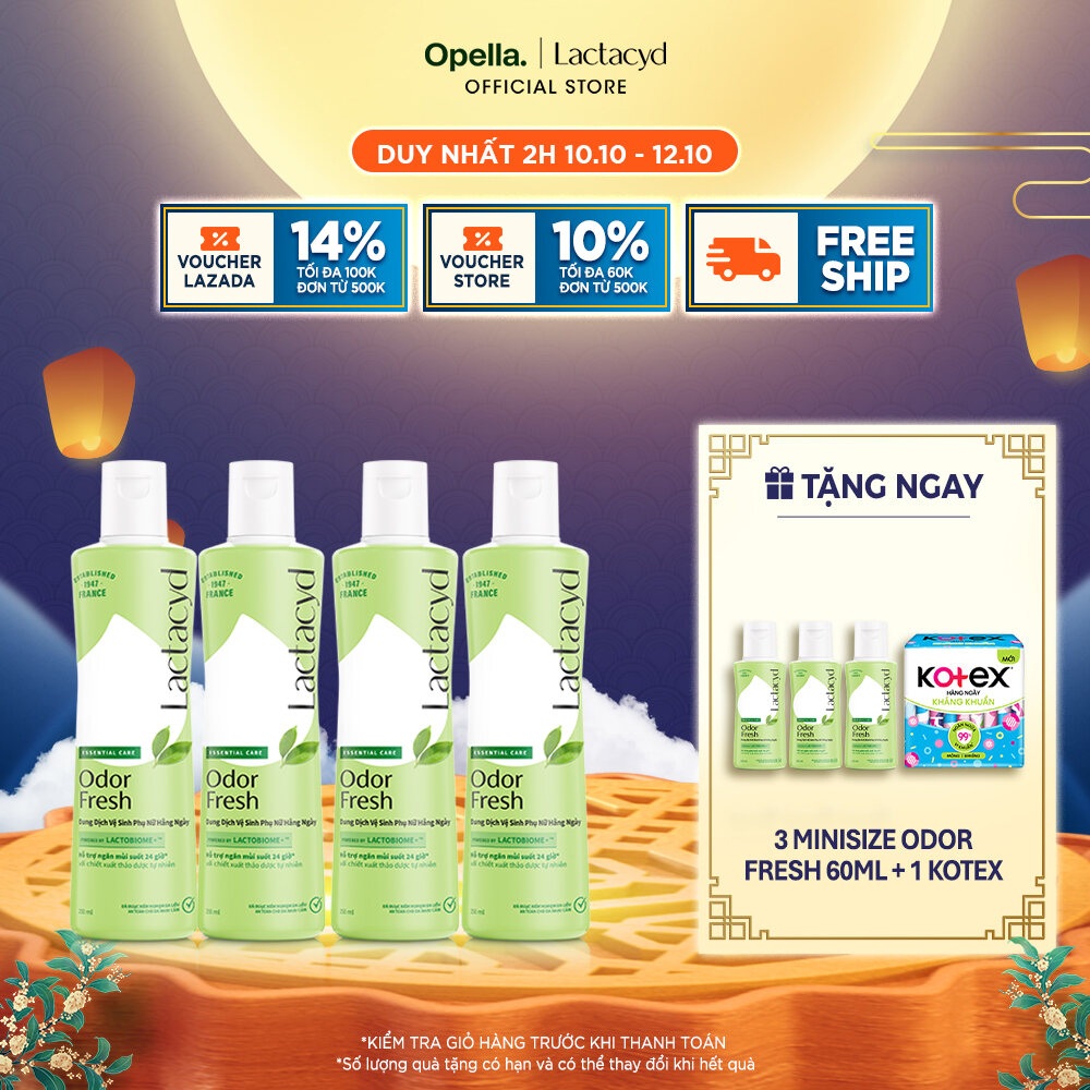 Bộ 4 chai Dung Dịch Vệ Sinh Phụ Nữ Lactacyd Odor Fresh Ngăn Mùi 24H 250ml/chai