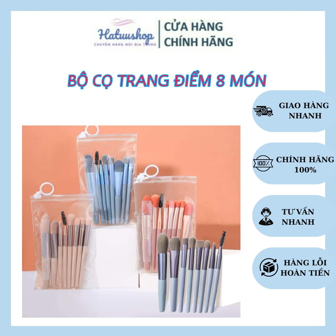 Full Bộ Cọ Trang Điểm 8 Cây Tặng Kèm Túi Zip Vintage