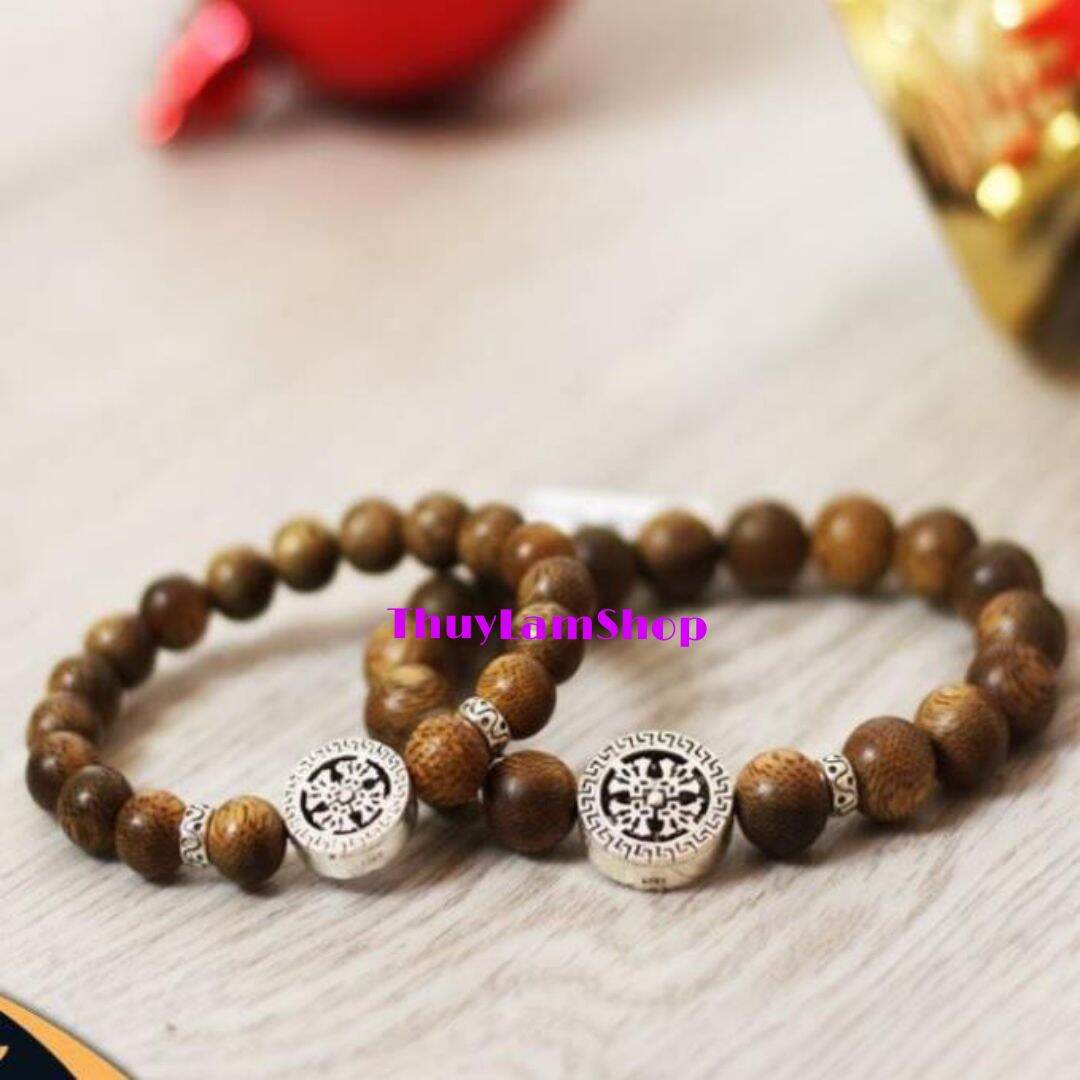 Vòng tay trầm hương 6li mic bánh xe pháp luân bạc 925 mạ vàng