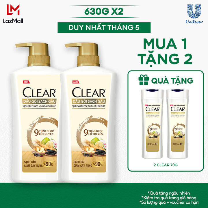 Combo 2 Dầu Gội CLEAR 9 Thảo Dược Cổ Truyền Sạch Gàu Giảm Gãy Rụng 630G x 2