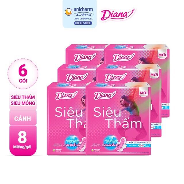 Bộ 6 gói băng vệ sinh diana có cánh siêu thấm siêu mỏng 8miếng/ goi