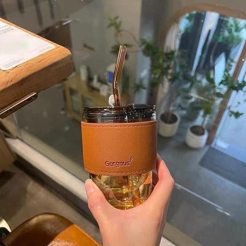 Cốc thuỷ tinh bọc da kèm ống hút 450ml
