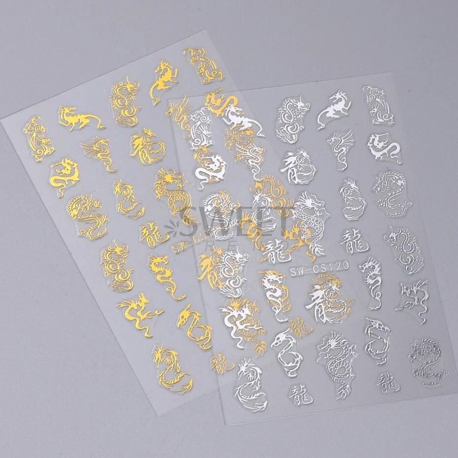 Sticker dán móng tay nail 3D mẫu rồng vàng và rồng bạc chào đón năm mới mẫu dán Tết