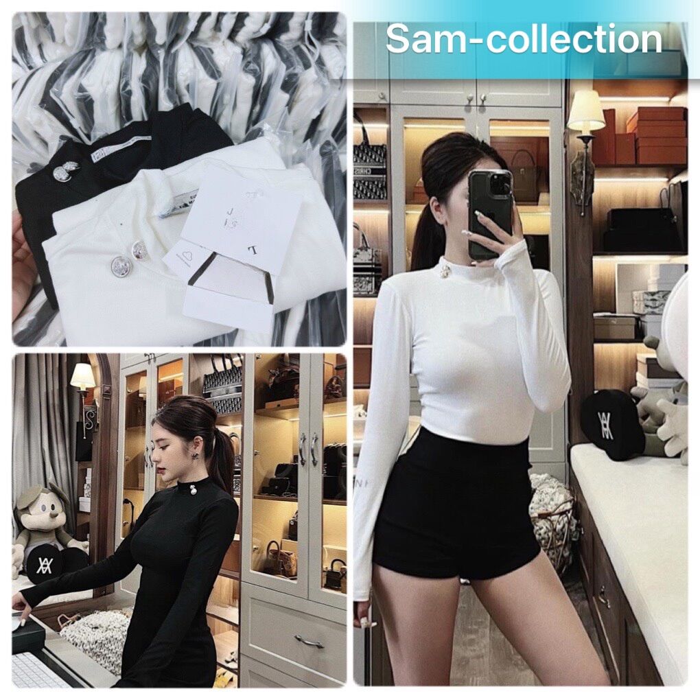 Áo thun cổ 3p cúc đồng dài tay nữ Sam-collection☘️Áo cổ lọ cúc đồng☘️freeship