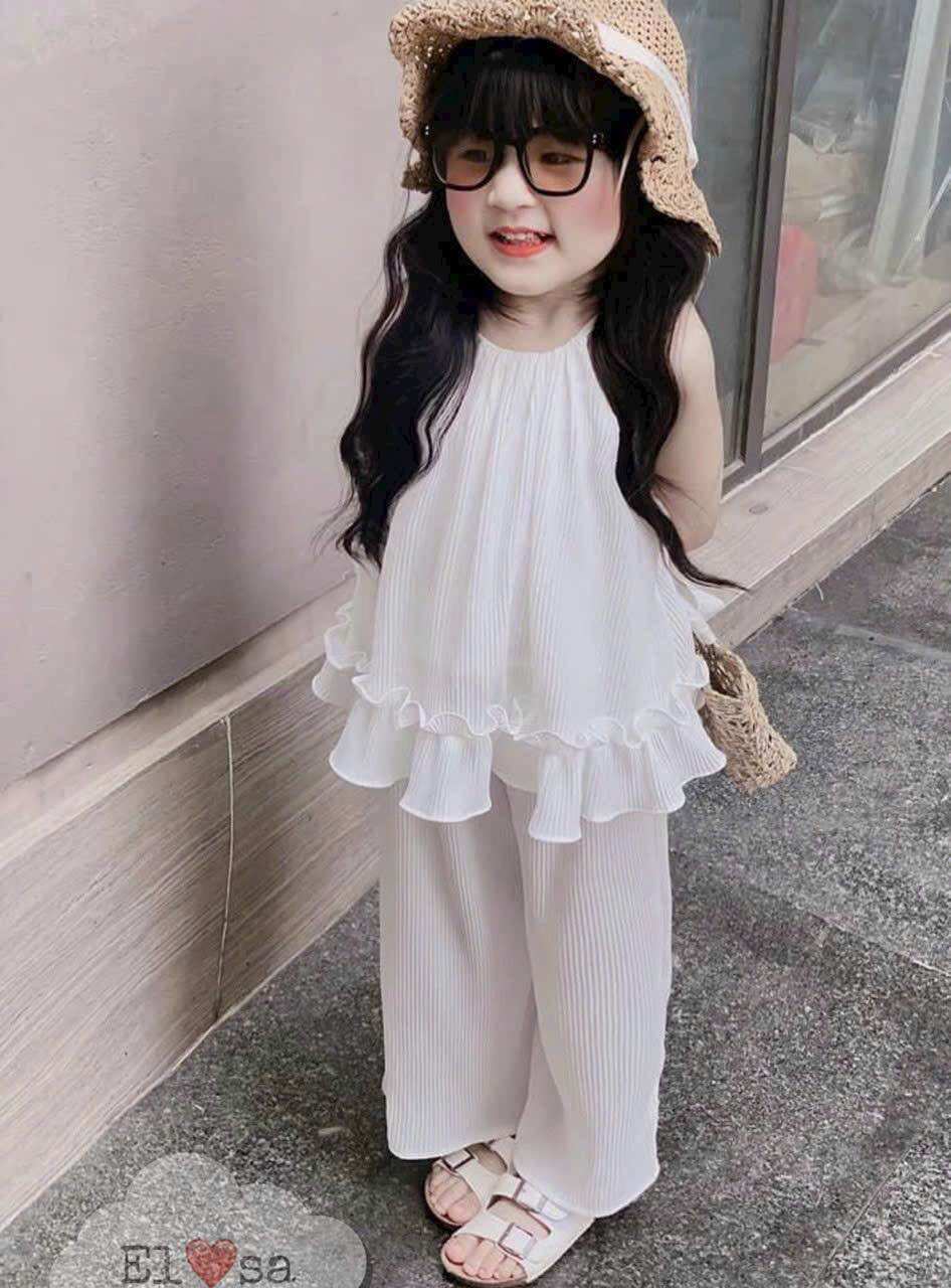 Set bộ dập li quần ống rộng bé gái
