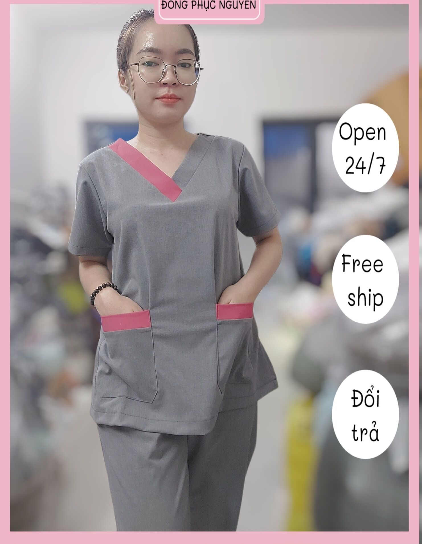 Đồng phục spa màu xám viền hồng