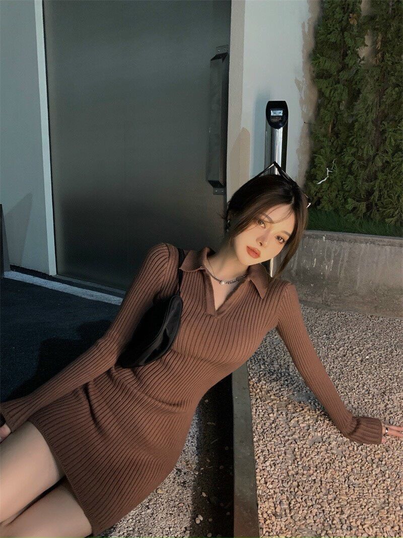 Đầm body gân tăm trơn cổ bẻ BDT1