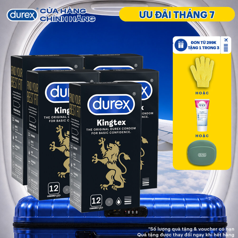 Bộ 5 hộp bao cao su Durex Kingtex bôi trơn, ôm sát size 49mm, 12 bao/hộp