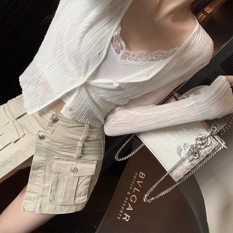 Ice Lụa Áo Dài Tay Mỏng Ngắn Dệt Kim Chống Nắng Nữ Áo Khoác Ngoài Áo Khoác Cardigan Thon Gọn Phong C