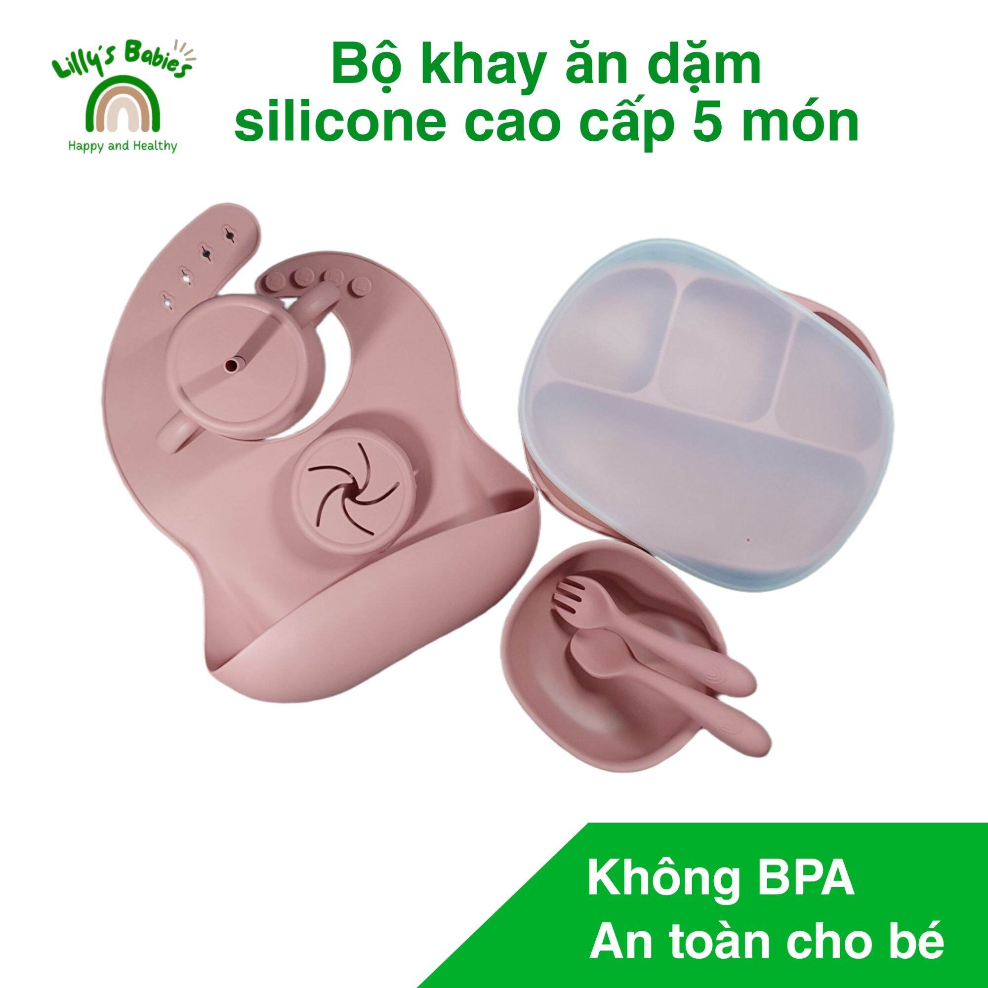 Bộ khay ăn dặm silicone cao cấp 5 món màu hồng, không mùi