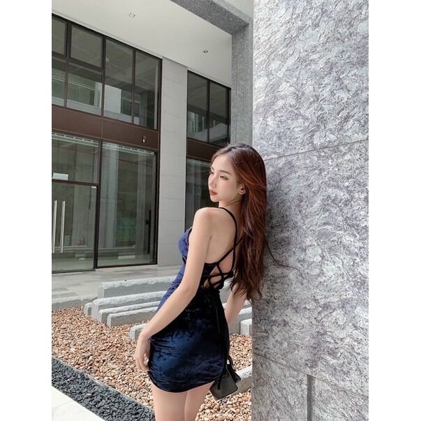 Đầm nhung đan dây lunge có mút ngực free size