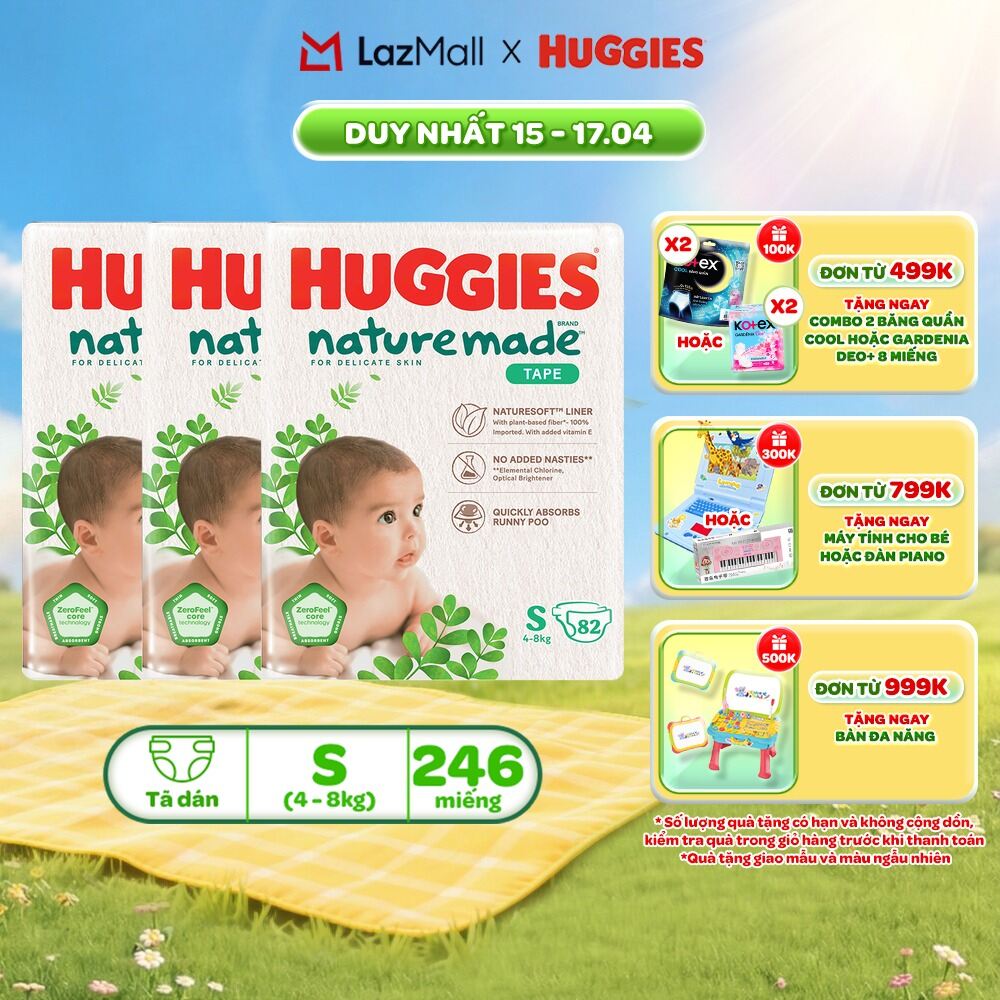 Combo 3 Tã/Bỉm dán sơ sinh Huggies NatureMade S82 (4-8kg)-Gói Super Jumbo 82 miếng