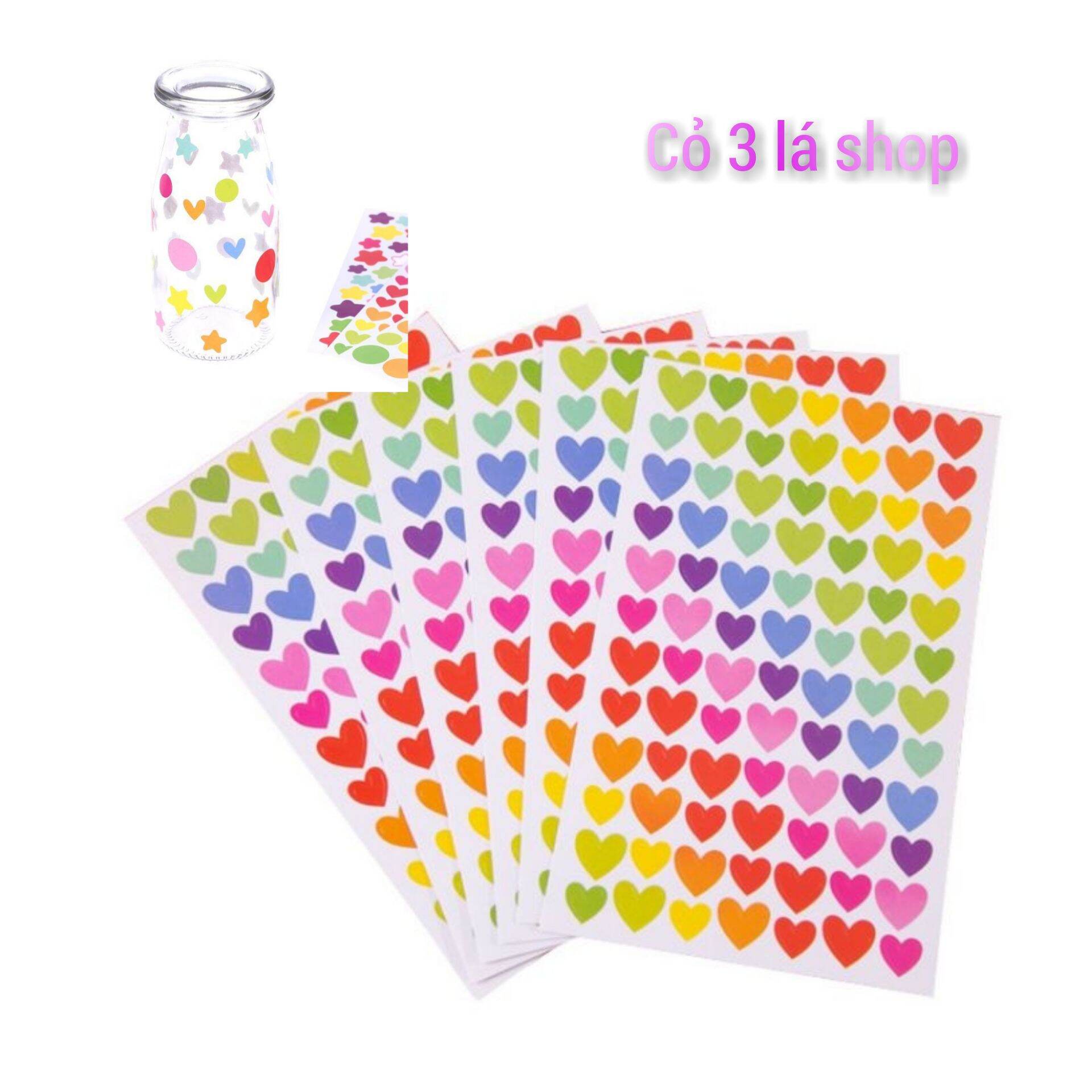 set 6 tấm sticker giấy dán hình trái tim, hoặc ngôi sao trang trí sổ lưu bút, chai lọ