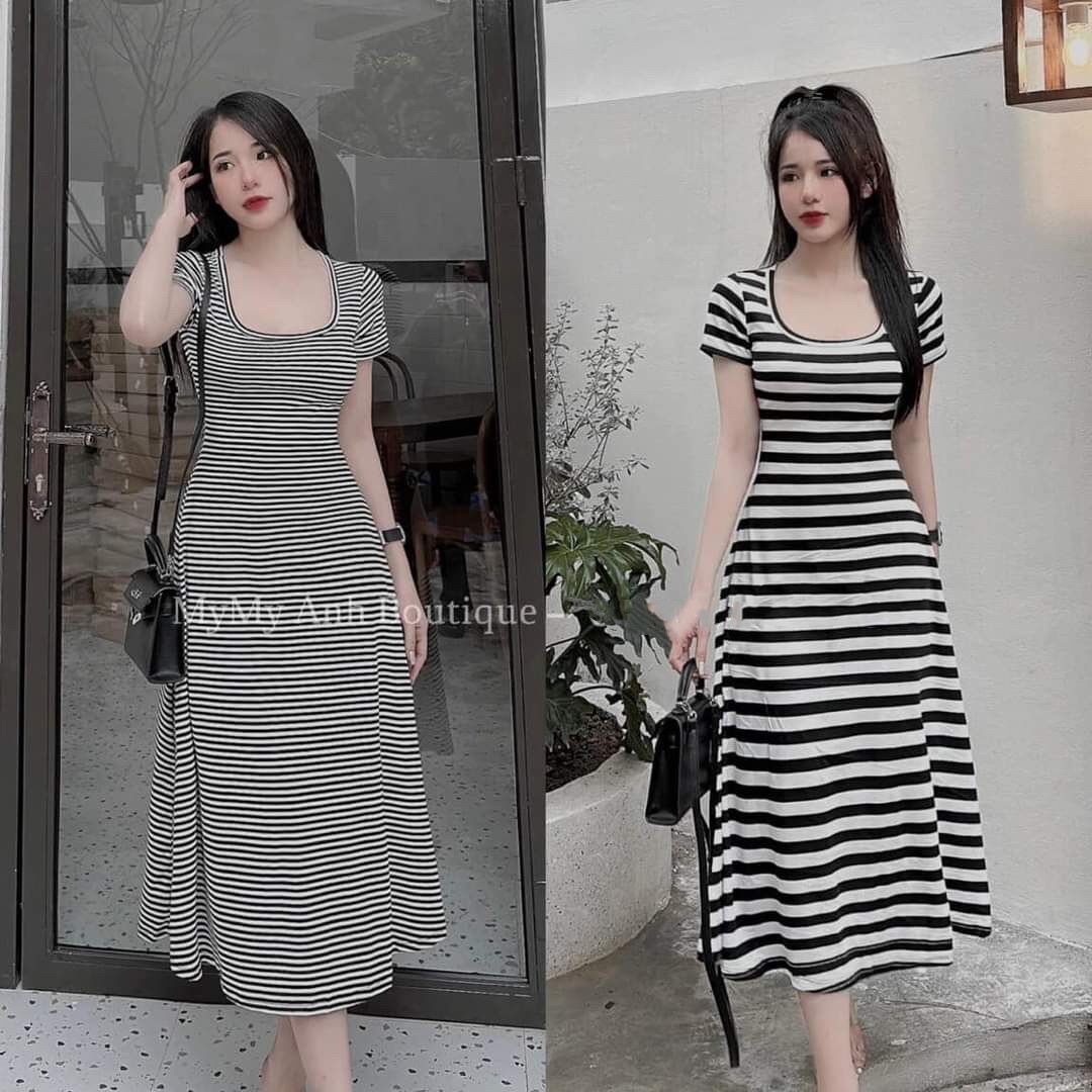 Đầm kẻ sọc body dáng maxi dài cổ vuông