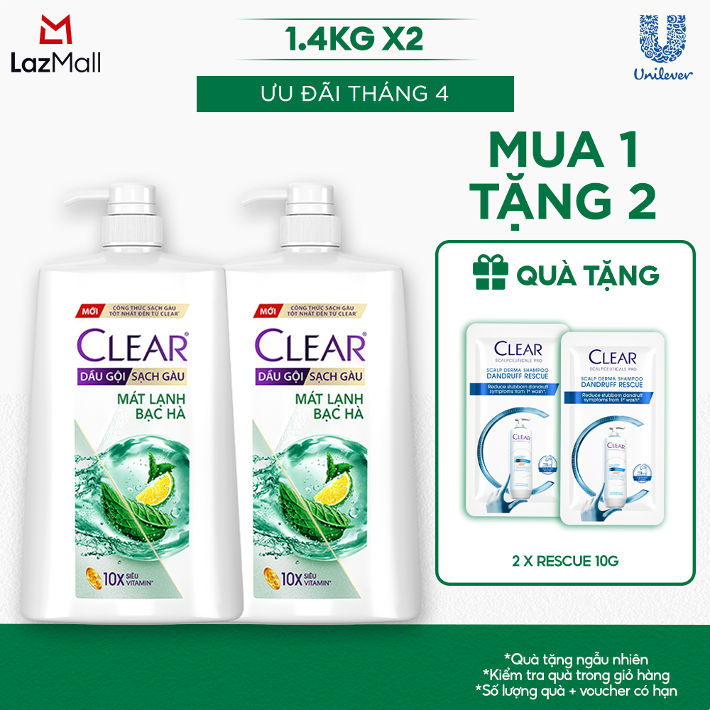 Combo 2 Dầu gội CLEAR Bạc hà Dầu gội Sạch gàu Mát lạnh với 3X Sức mạnh đánh bay Gàu, Ngứa và Vi Khuẩn 1.4kg
