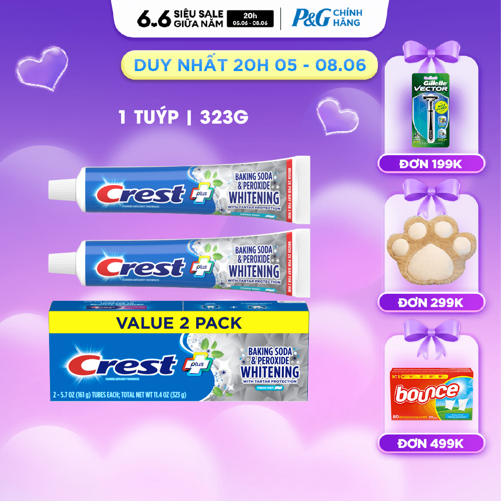 Hộp 2 Kem đánh răng Crest Baking Soda  Peroxide Whitening Trắng Sáng Ngừa Vôi Răng hương Fresh Mint 323g - Mỹ