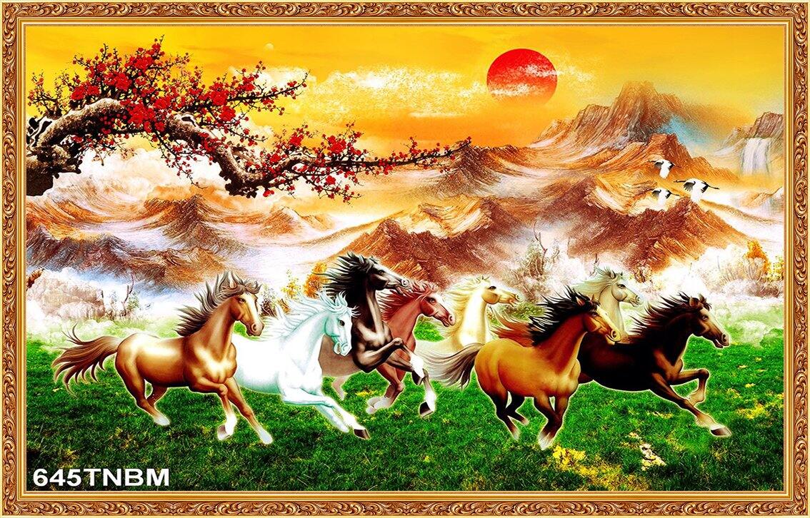 TRANH DÁN TƯỜNG MÃ ĐÁO THÀNH CÔNG 645TBM - TRANH BÁT MÃ CÓ HỖ TRỢ XOAY CHIỀU NGỰA CHẠY VÀO NHÀ