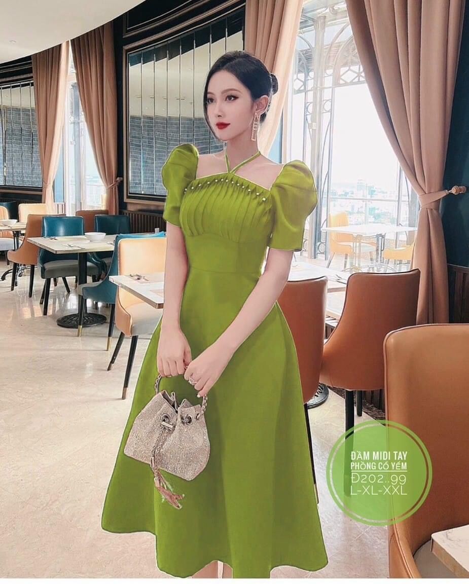 58-90kg bigsize đầm midi tay bồng cột cổ yếm đính ngọc đ202..99