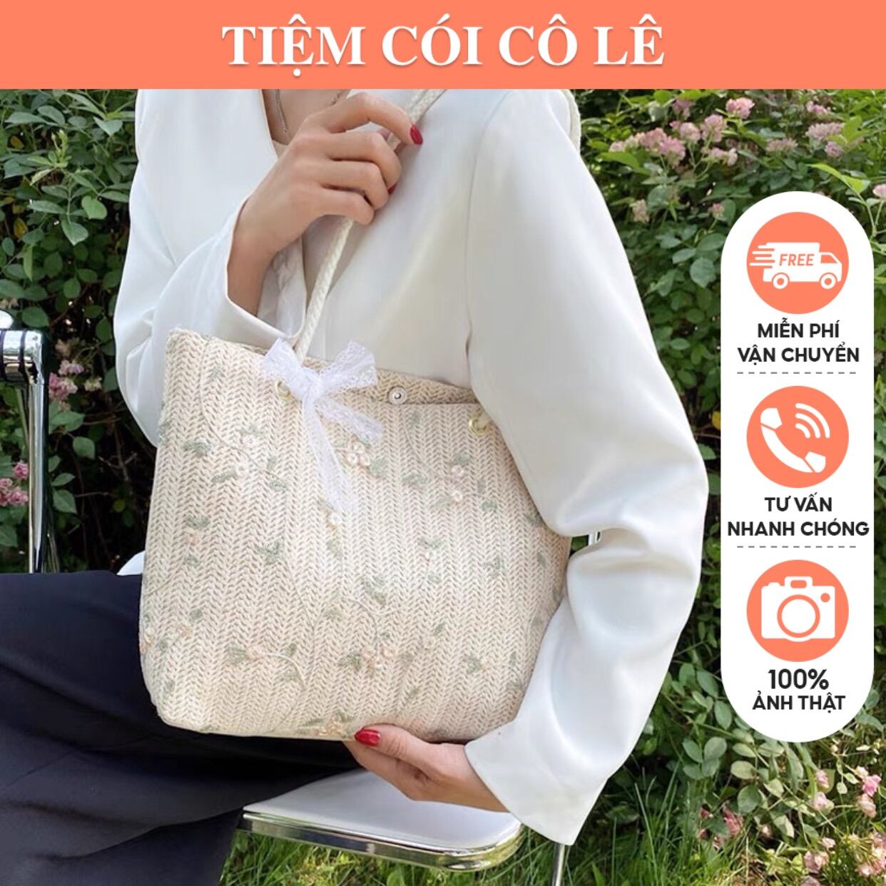 Túi cói giỏ cói đi biển đeo vai phối ren thêu hoa phong cách Hàn Quốc-Tiệm Cói Cô Lê