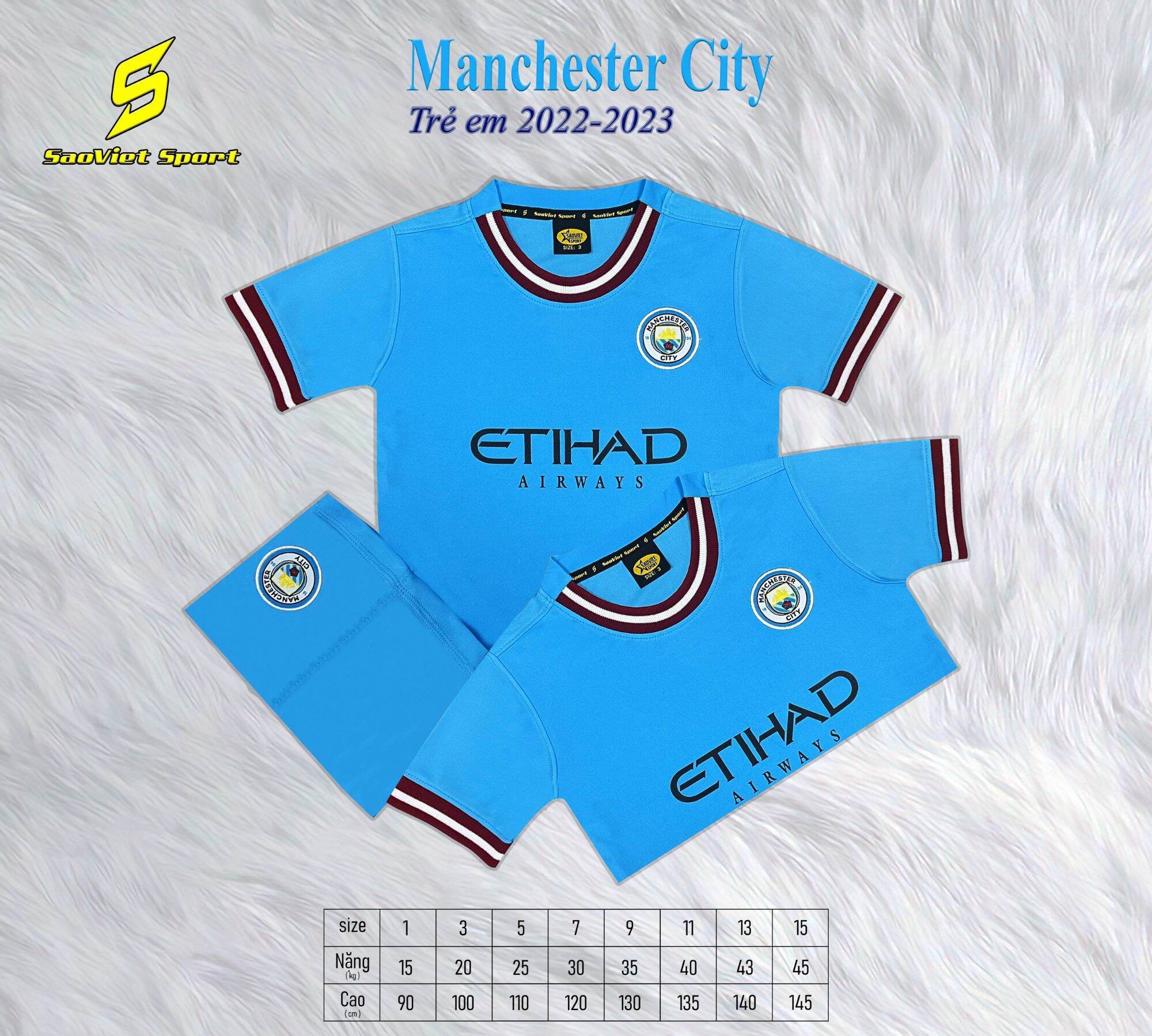 Quần áo đá banh trẻ em Manchester City sân nhà 22 23 - Có in tên số