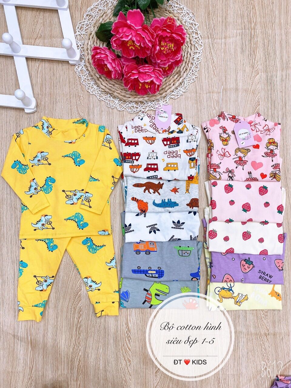 Bộ cotton 4 chiều hoạ tiết cho bé trai/ bé gái từ 5-15kg