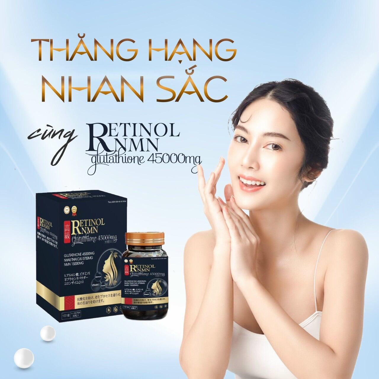 RETINOL NMN GLUTATHIONE 45000mg viên uống trắng da - xoá tàn nhan thâm nám ( hộp 30v )