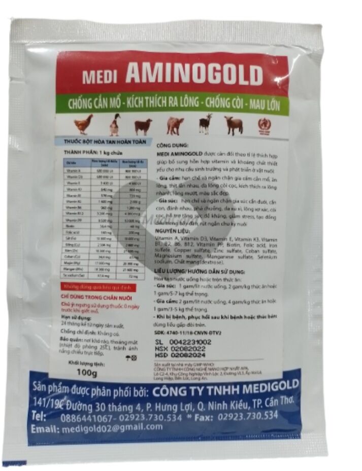 Medi Aminogold 100 gram chống cắn mổ, kích thích ra lông, chống còi, mau lớn hsd 02/08/2024