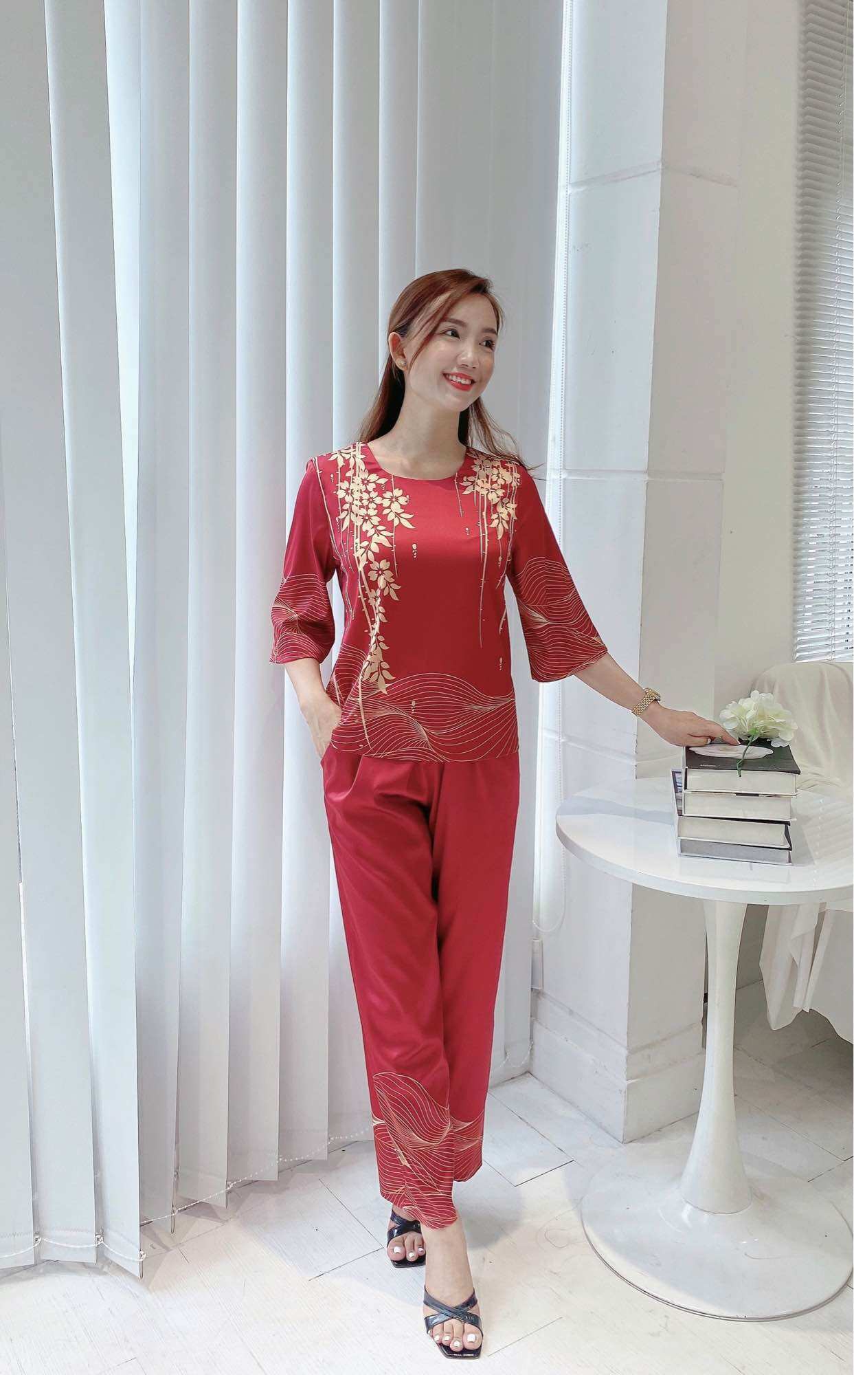 Đồ bộ trung niên cao cấp, lụa latin, quần dài tay lỡ