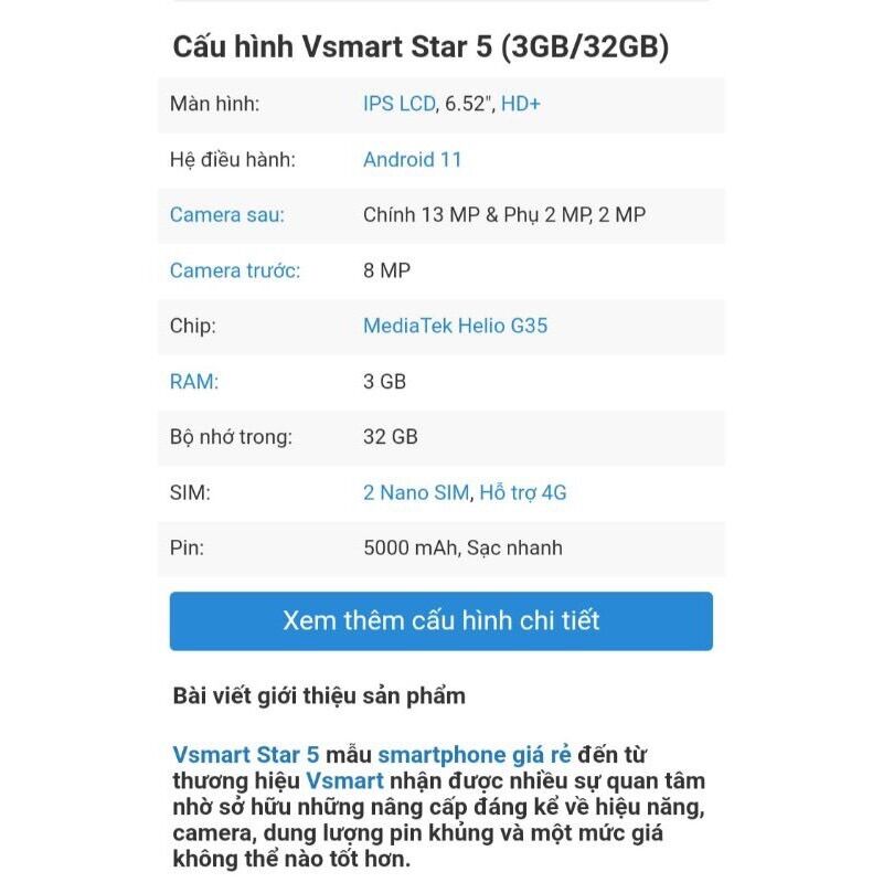 Điện thoại Vsmart Star5(3/32GB)Mới chính hãng