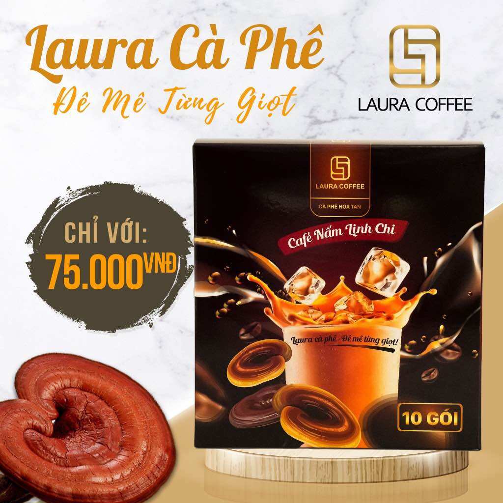 Cà phê Nấm linh chi Nhật Kim Anh cafe sữa hoà tan Laura Coffee hộp 10 gói