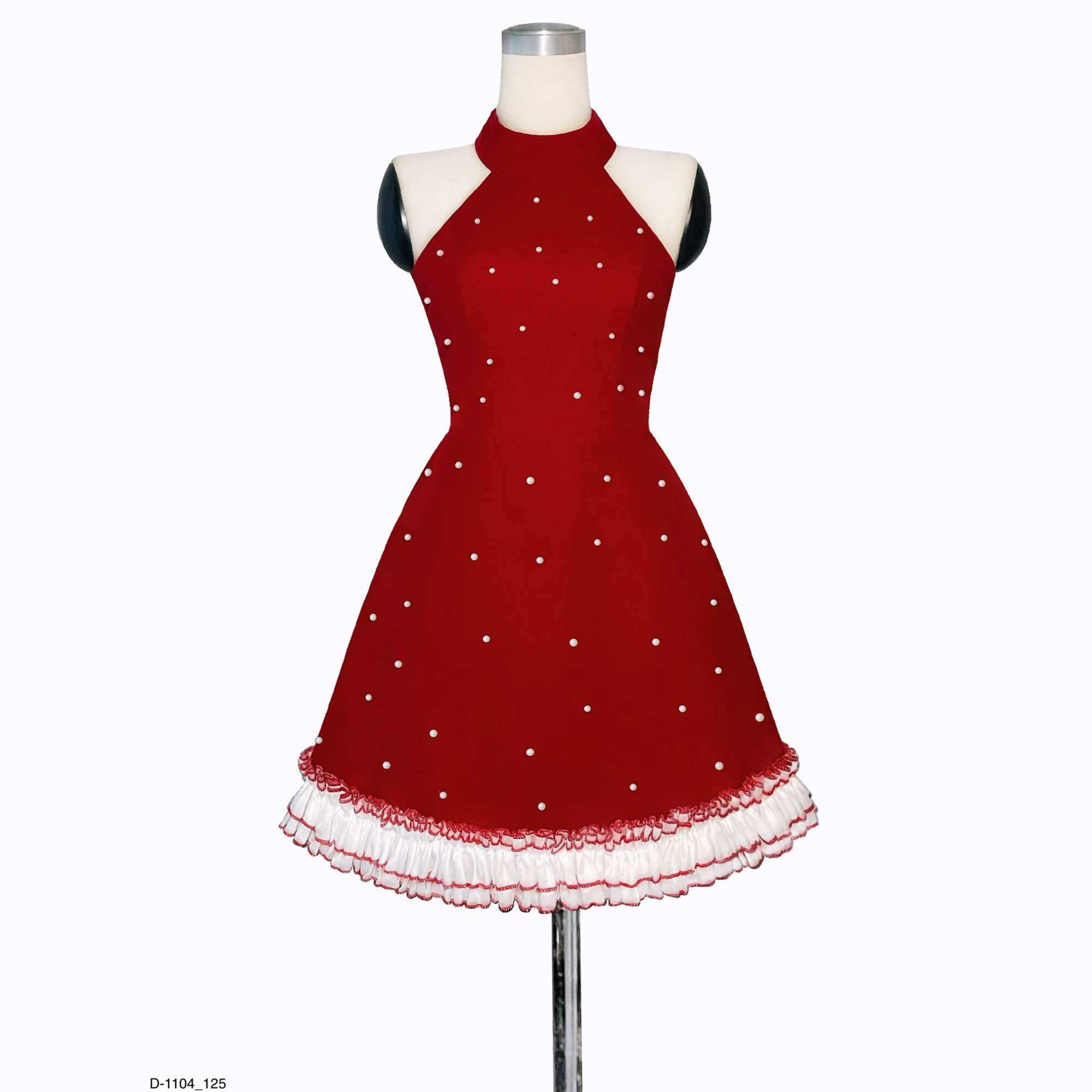 Đầm xoè nhung cổ yếm đính ngọc d-1104